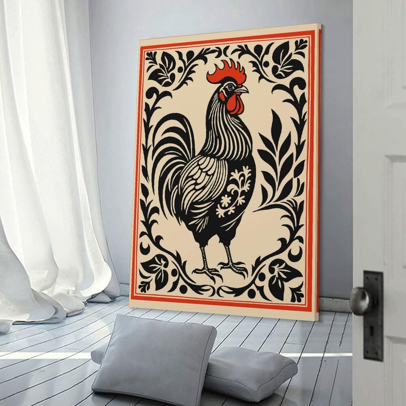 Junmoney Decorative Canvas Print Ornate Rooster Illustration, 24x36inch(60x90cm), for New Homes, Bedrooms Or Workspaces, A Wall Art Gift for Fresh Interiors