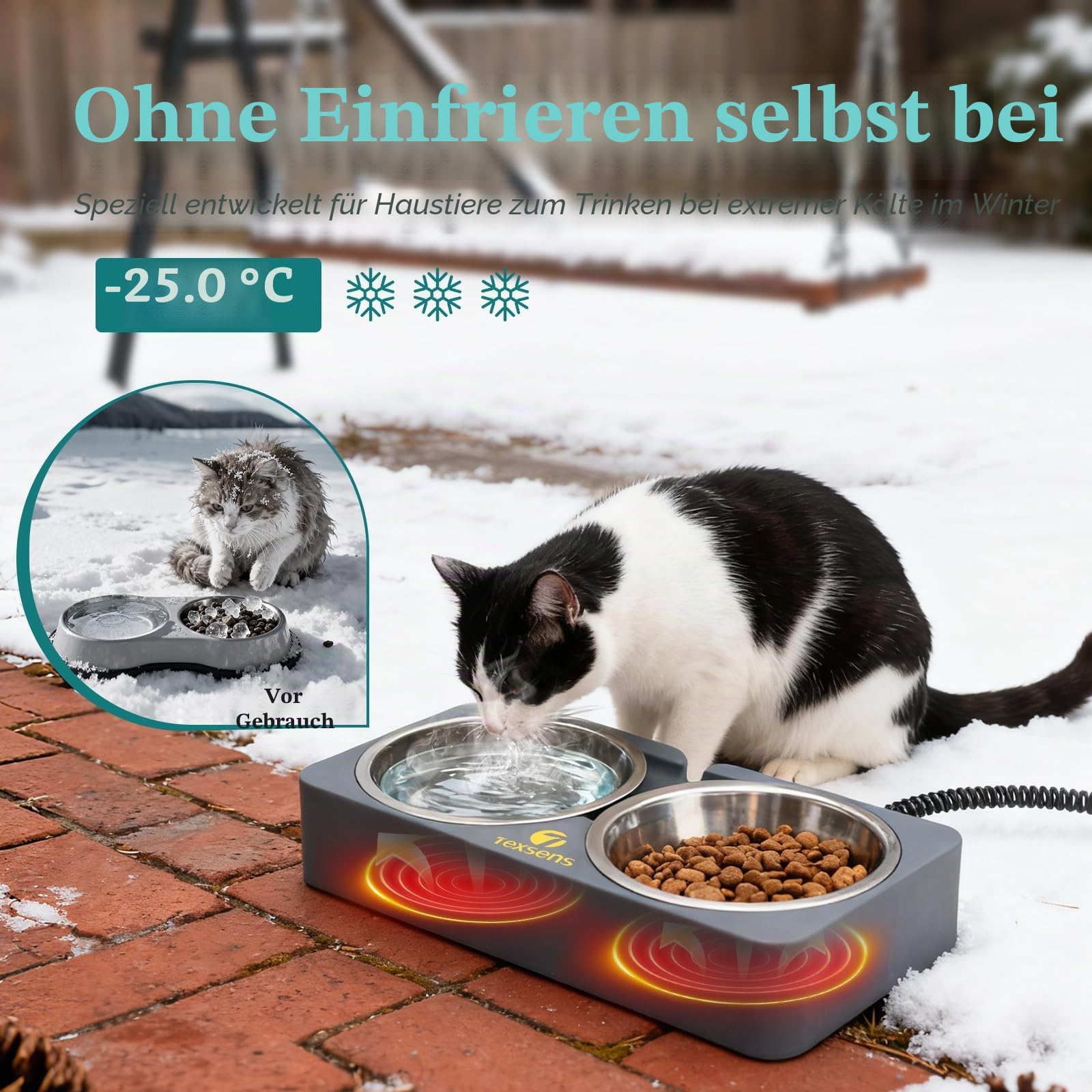 Beheizter Katzennapf für Haustiere im Freien – Doppelter Futternapf aus Edelstahl mit kaufester Schnur – vollständig wasserdichte Winter-Futterstation für Katzen und Hunde – je 575 ml
