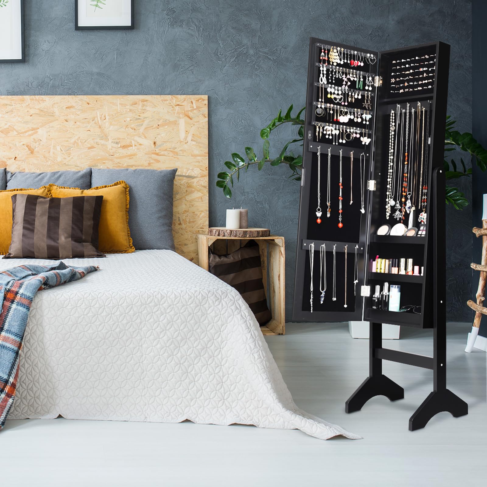 COSTWAY Armadio per Gioielli, Armadietto Portagioie con Specchio a Figura Intera, Organizer Spazioso per Gioielli, per Camera da Letto e Salotto, 35,5 x 33 x 153 cm (Nero)