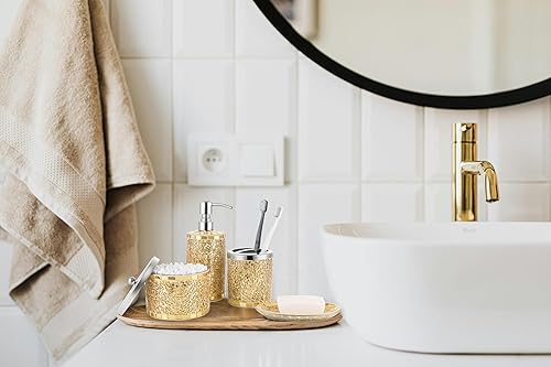 Miniatura 4 de Joitsvia Juego de accesorios de baño, juego de 4 accesorios de baño dorados de vidrio mosaico, incluye dispensador de jabón, frascos de hisopos de