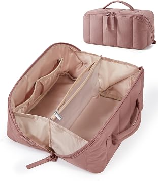 BAGSMART Travel Makeup Bag, Flat Lay Make Up Case, Wide Opening Cosmetic Organiser with Clear Brushes Pocket & Wet Pocket, Small Toiletry Bag, Travel Accessories for Women, Dark Pink