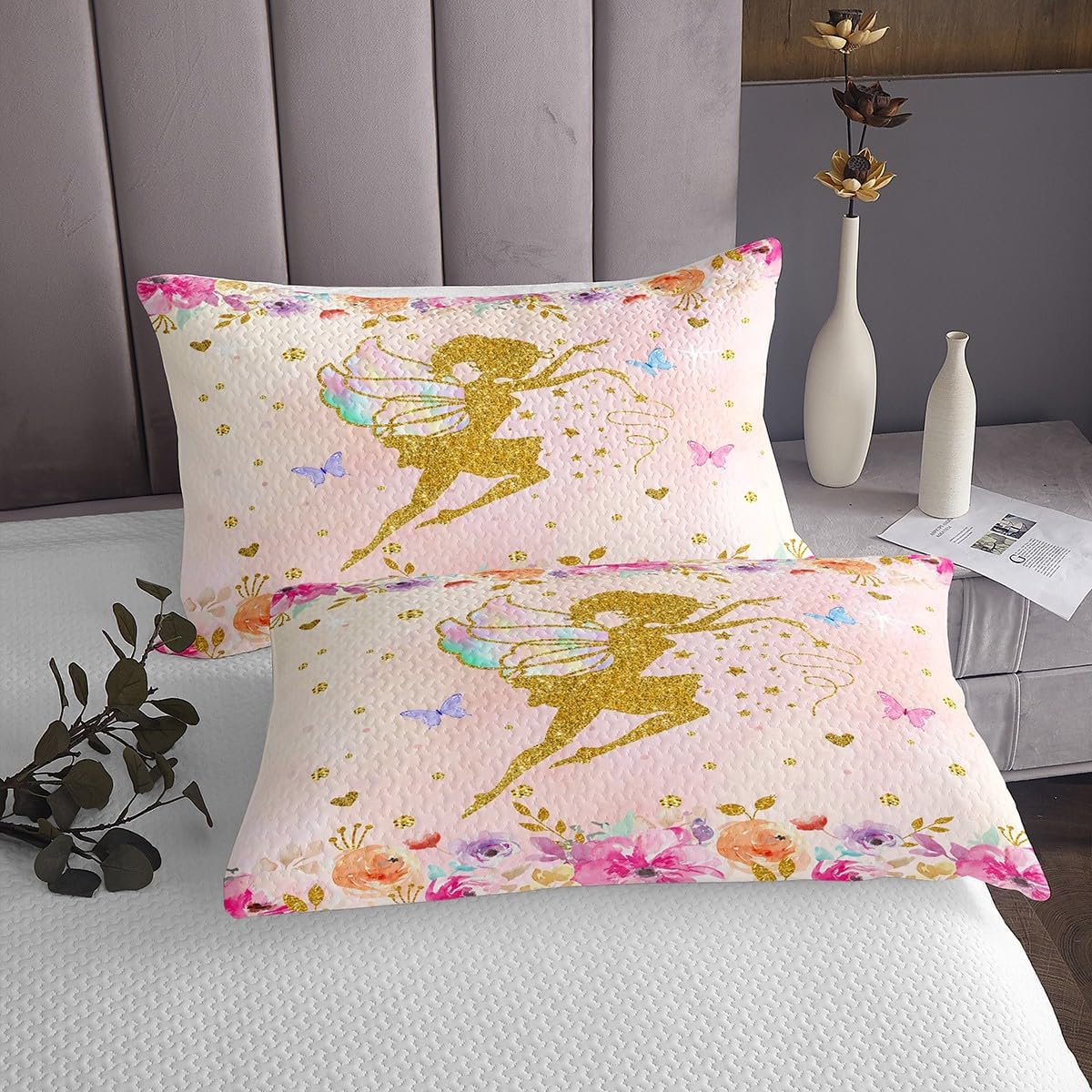 3 Piece Magical Girl Quilt Bedding Set Women Aldult Lightweight Bedding Flower and Butterfly Bedspread Set Watercolor Art Bedspread Coverlet Soft Microfiber Home Quilt Set for King Bed All Season