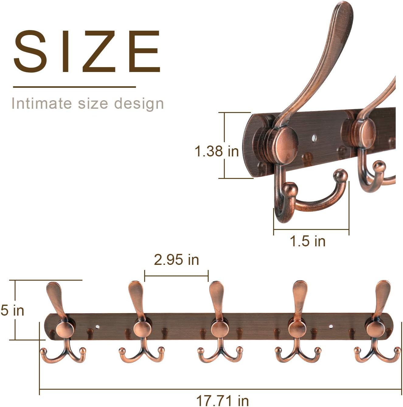 Coat Rack Wall Mounted,CPANION Coat Hooks/Rail Hook Antique Copper Stainless Steel 5 Tri Hooks for Hat Purse Key Bag Kitchen Bathroom Bedroom Entryway