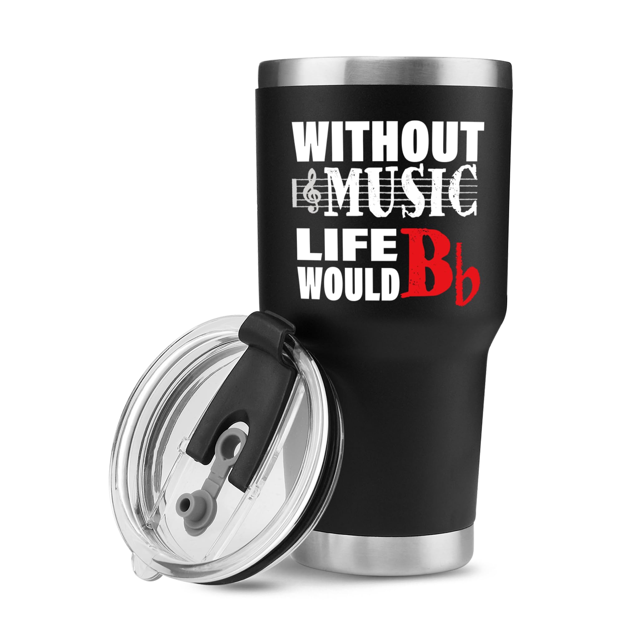Panvola Without Music Life Would B Flat Music Teacher Gifts Musicians Choir Director Pianist Guitarist Travel Mug Vacuum Insulated Tumbler with Lid Straw (Black, 30 Ounces)