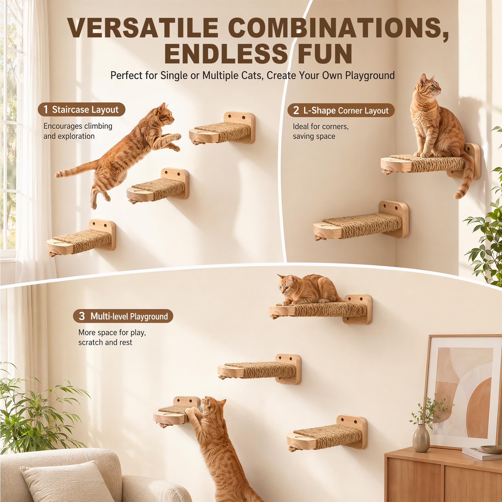 Lot de 2 escaliers muraux pour chat, mur d'escalade, planches pour chat avec corde de jute à gratter, plateforme pour chat en bois d'hévéa massif, pour escalade, jeu, capacité de charge maximale de 35