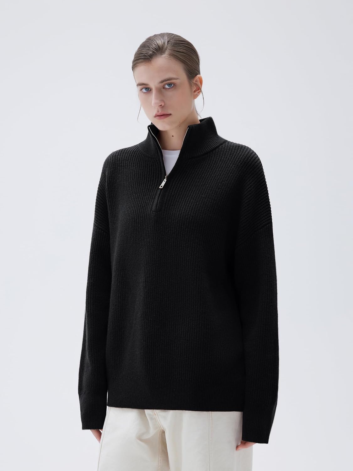 SUUKSESS Women Cashmere Blend Oversized Quarter Zip Pullover Sweater Long Sleeve Collared Ribbed Knit Jumper Tops - Image 5