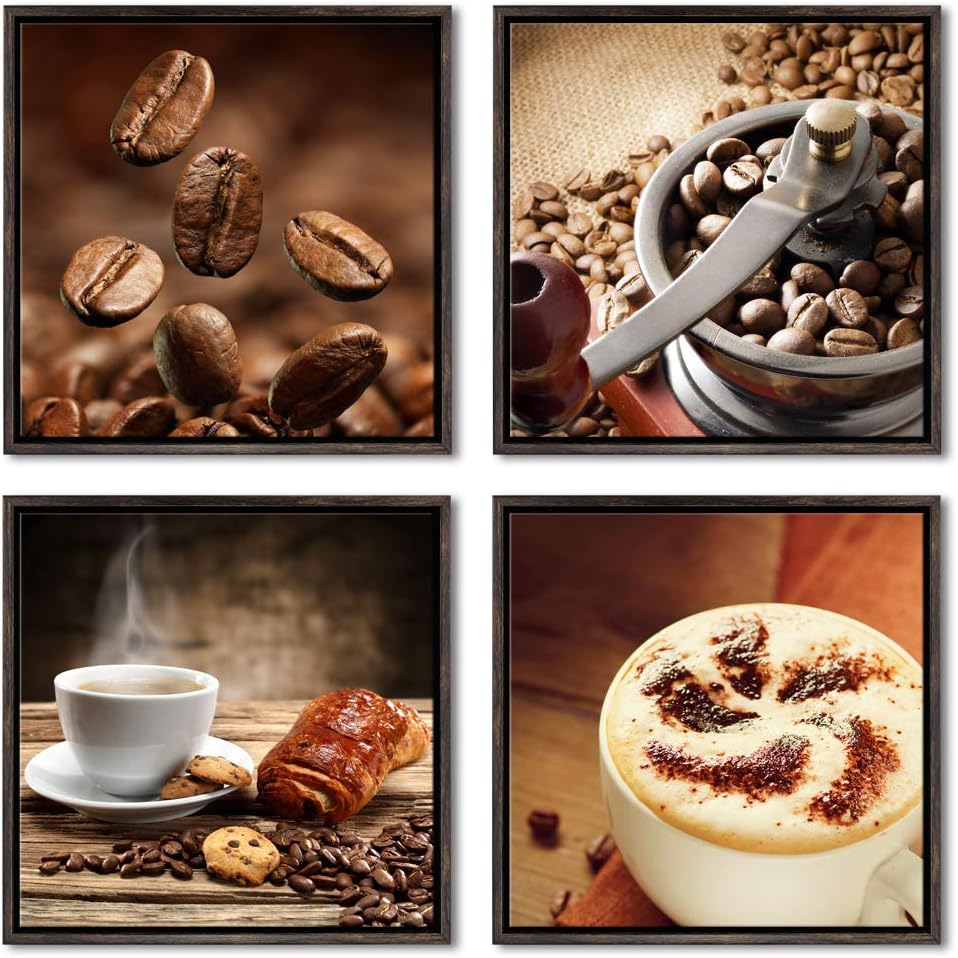 Wieco Art Framed Canvas Wall Art Coffee Canvas Prints Wall Decor Brown Cup Pictures Paintings for Dining Room Kitchen Bar Home Decorations 4 Piece Large Modern Contemporary Artwork