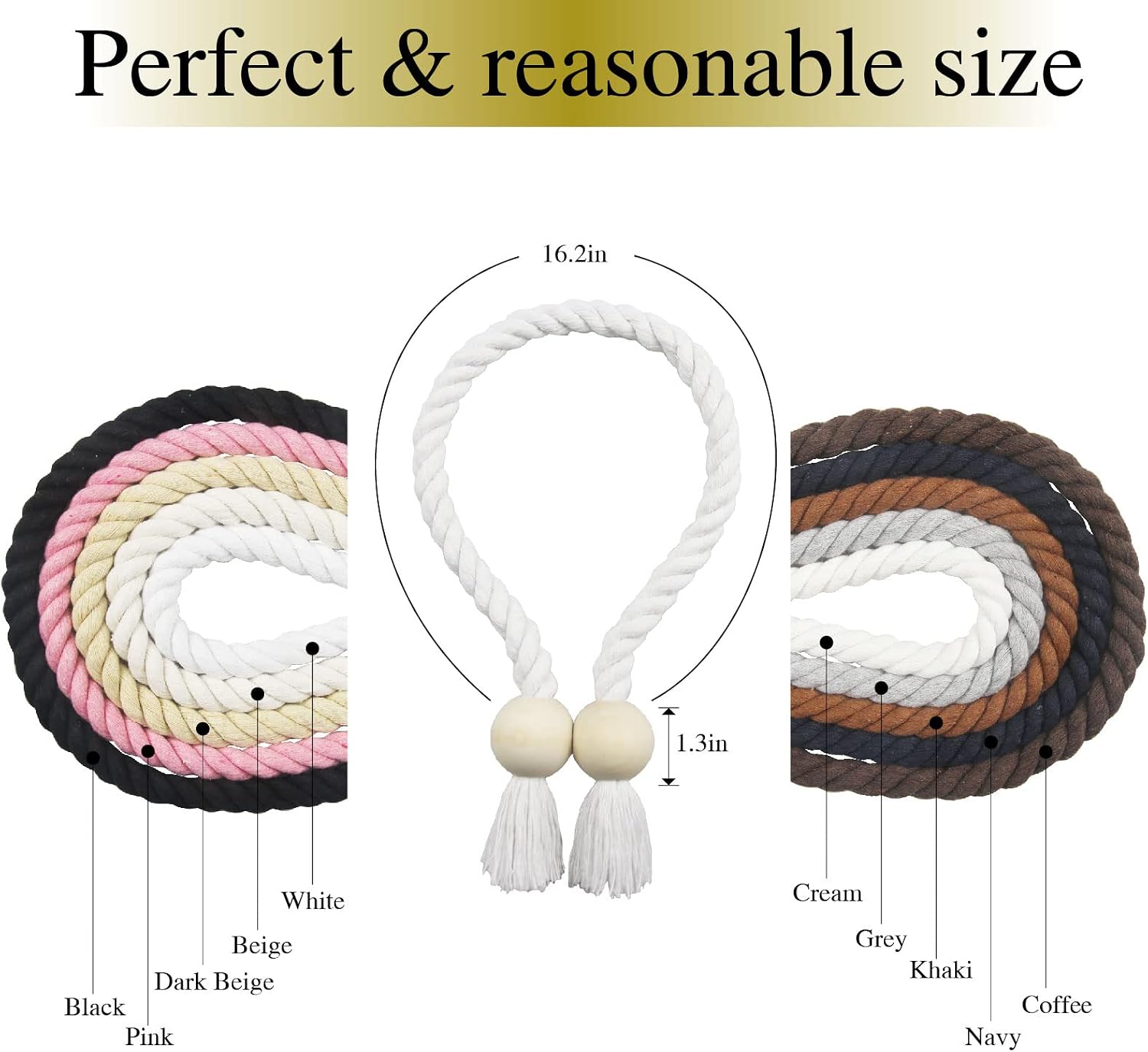 6 Pack White Magnetic Curtain Tiebacks Cotton Hand Woven Tieback Holdback Decorative Tie Backs for Drapes with Wooden Buckle No Tools Required
