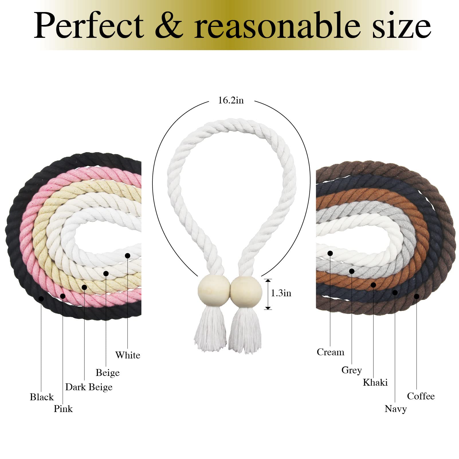 Confezione da 6 fermatenda magnetici bianchi in cotone intrecciato a mano con fermatenda decorativi per tende con fibbia in legno resistente, non sono necessari attrezzi