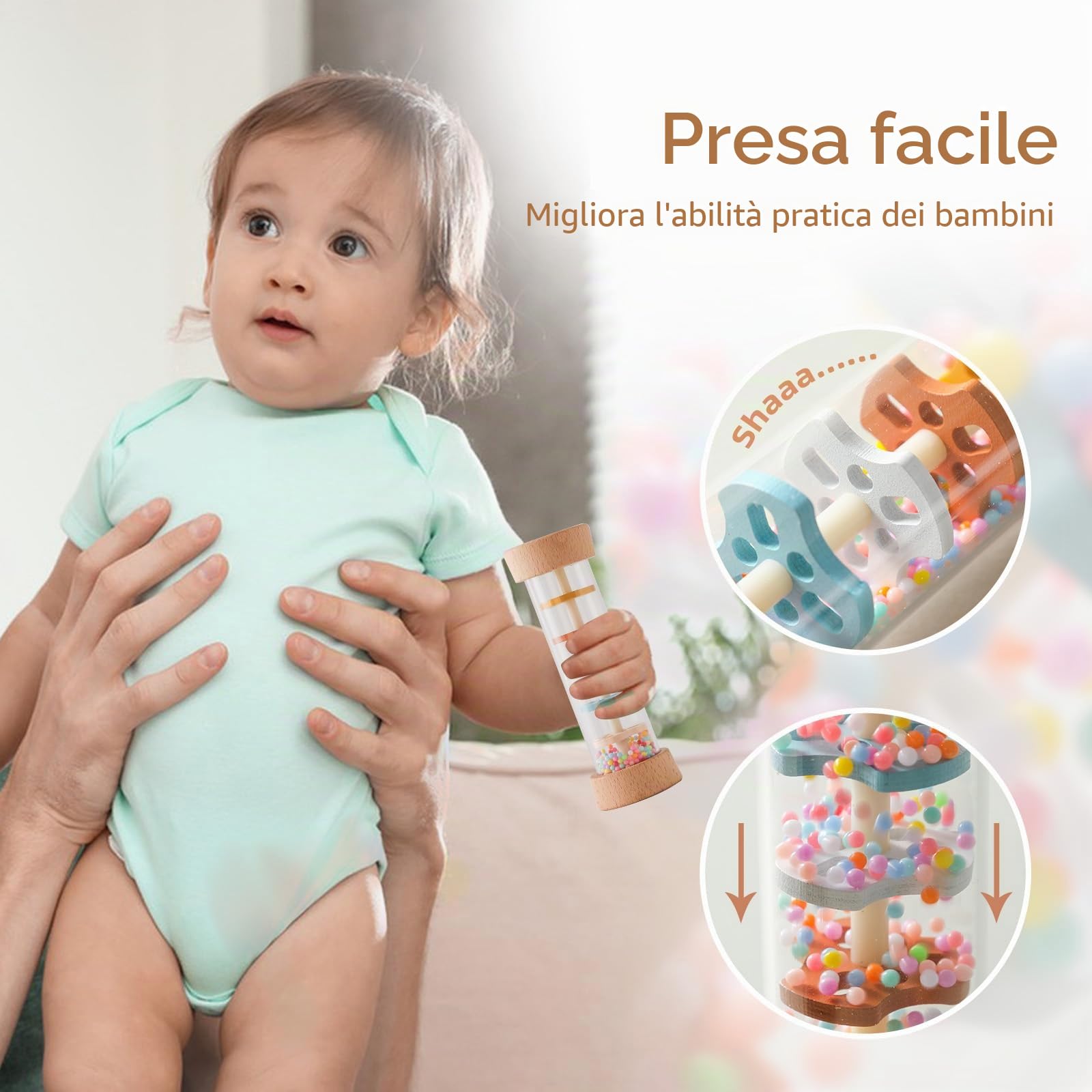 Set di 3 massaggiagengive per bambini 0 3 6 9 mesi – Set di 3 massaggiagengive con sonaglio all'uncinetto e giocattoli in legno, giocattoli Montessori giocattoli a partire da 0 a 12 mesi