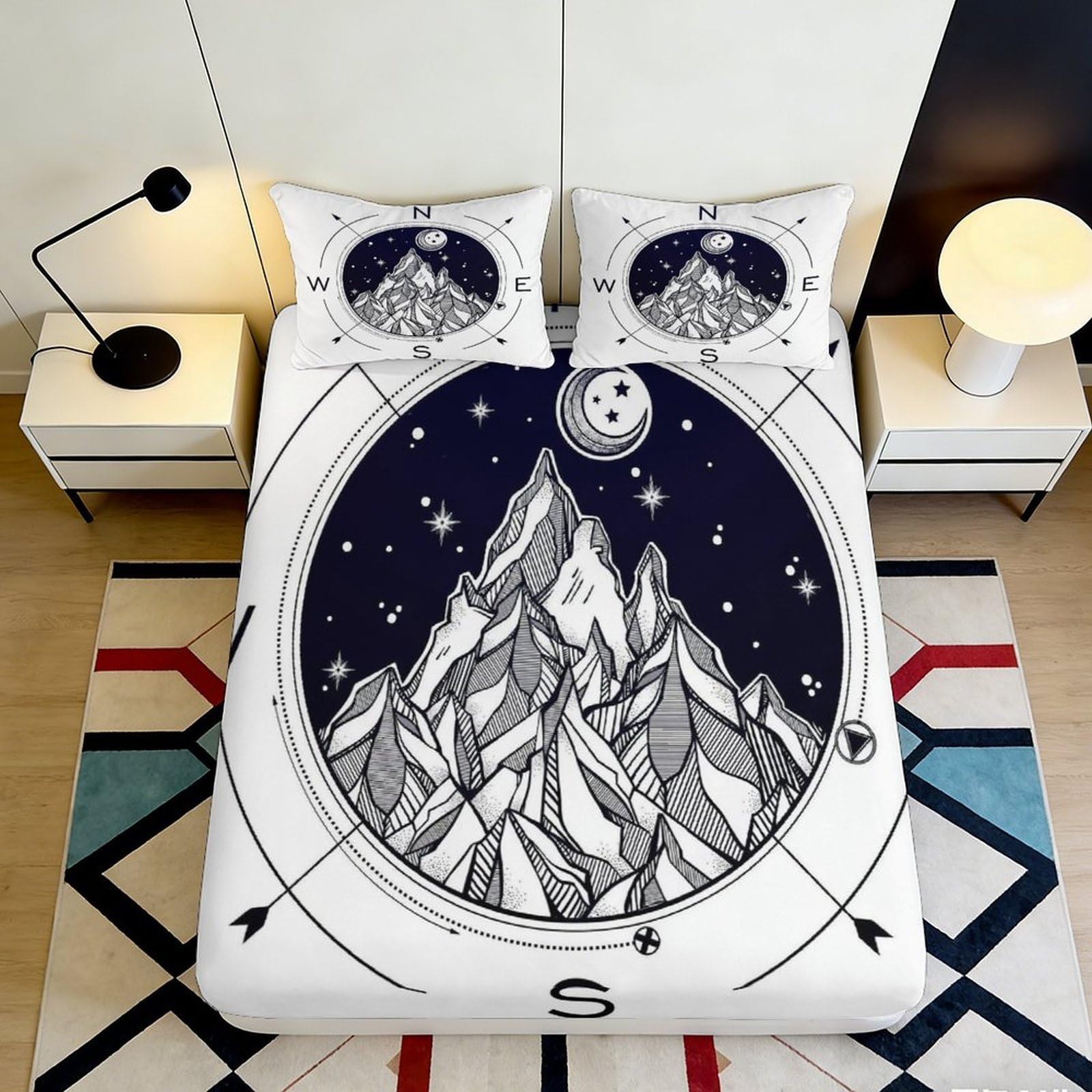 3D Printed Mountain Compass Fitted Sheet Microfiber Soft Durable Night Sky Bed Cover for Bedroom Dormitory Guest Room Mattress Protection 120x200x25cm