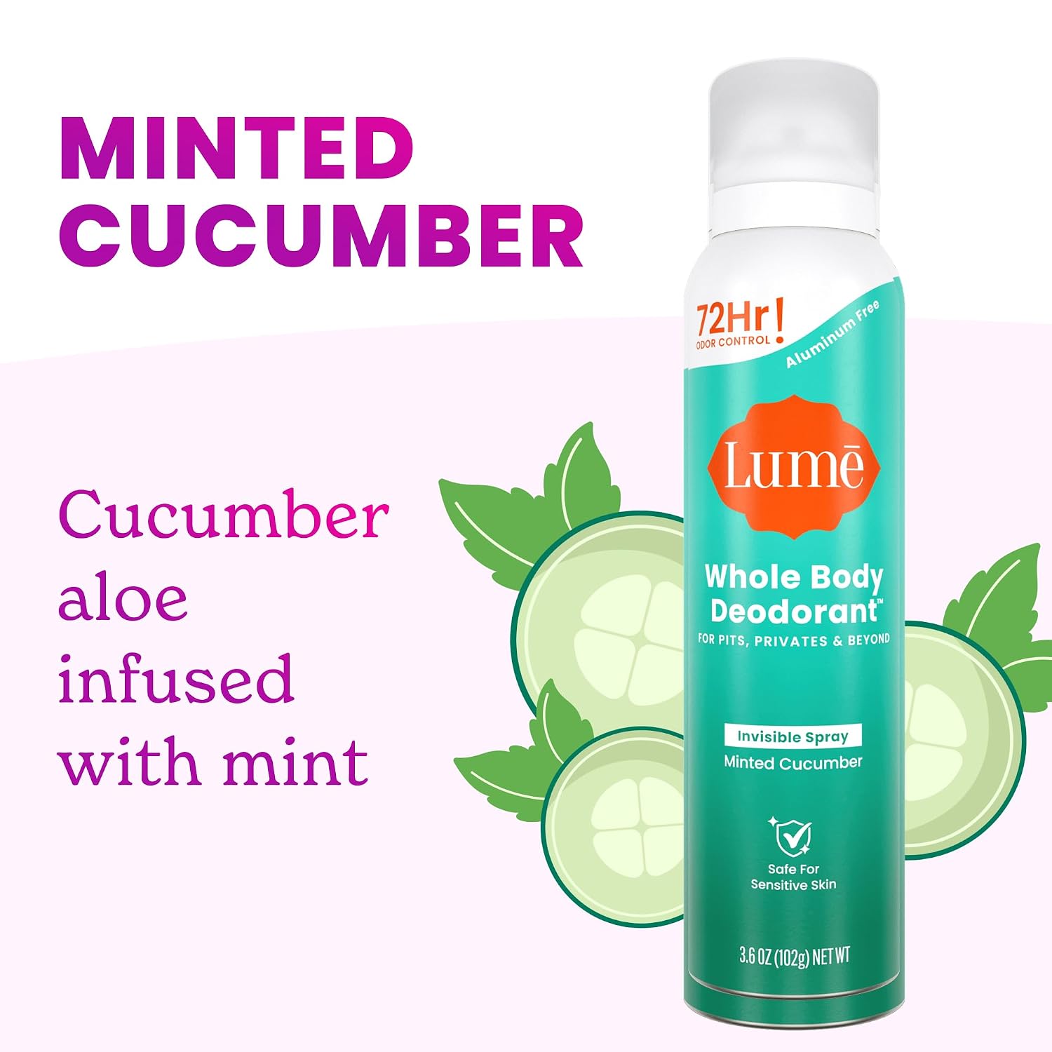 Lume Invisible Spray Deodorant For Women - Whole Body Deodorant Spray - 72Hr Odor Control - Ozone Friendly, Natural Propellant - Aluminum & Baking Soda Free, Skin Loving - 3.6oz, 2pk (Minted Cucumber)