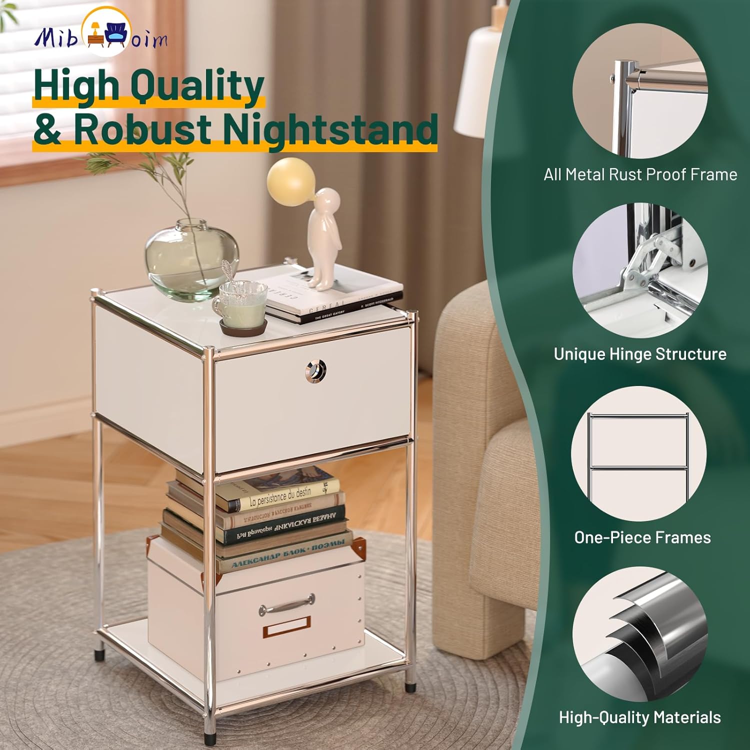 White Night Stand with Drawers:Modern Nightstand with Storage,Metal Heavy Duty Industrial Bed Side End Tables Living Room Sofa Couch Home Office Furniture,Kids Bedside Table Bedroom Small Space