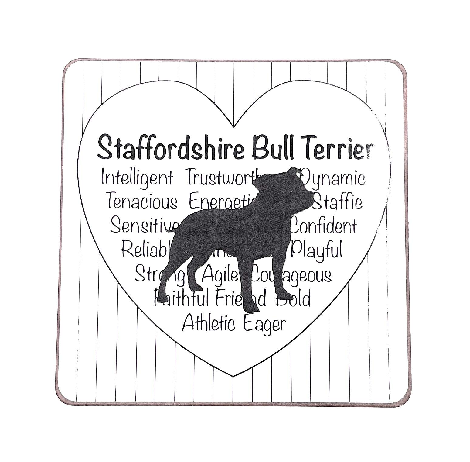 Rcc Black And White Staffordshire Bull Terrier Placemat/ Coaster– Dog Silhouette In Black On White Mug, With Dog’s Characteristics In Heart Shape On Cup. Coffee/ Tea Coaster. Great Gift/ Present.