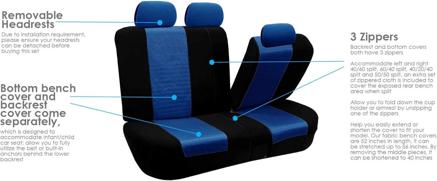 FH Group Universal Car Seat Covers Full Set for SUV Truck Sedan Vans | 3D Textured Breathable Fabric Seat Cover Set with Airbag Compatible Split Bench Protector Interior Upgrade - Blue