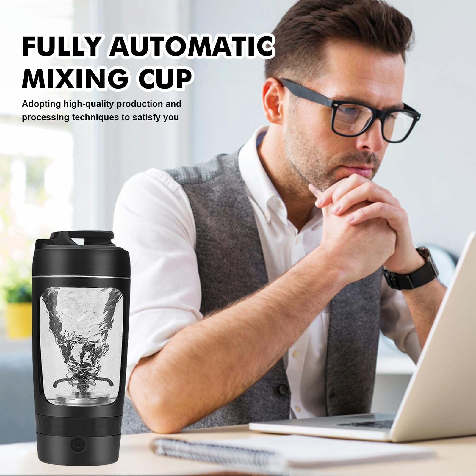 Frullatore elettrico per proteine, frullatore elettrico per albumi, misurino USB da 600 ml, potenti bottiglie da mix, misurino portatile, miscelatore USB C ricaricabile per sport e fitness (Nero)