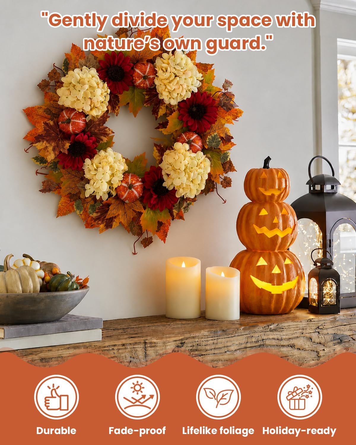 2pack 18Inch Fall Wreath for Front Door, Artificial Maple Leaves Autumn Wreath with Sunflowers & Pumpkins, Thanksgiving Harvest Decor for Farmhouse Porch, Indoor Outdoor Home Window Decor