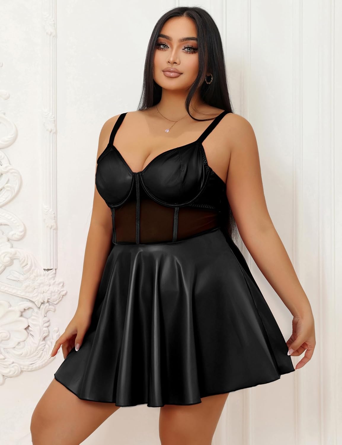 ohyeahlady Faux Leather Babydoll Lingeie for Women Mini Dress Plus Size V Neck Chemise Sexy Teddy Lingerie for Women Club - Image 7