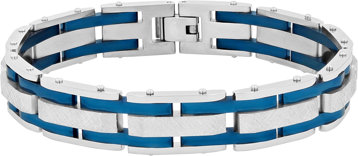 Men's 8.5" Stainless Steel Blue Finish Textured Link Bracelet - Contemporary Style, Secure Clasp
