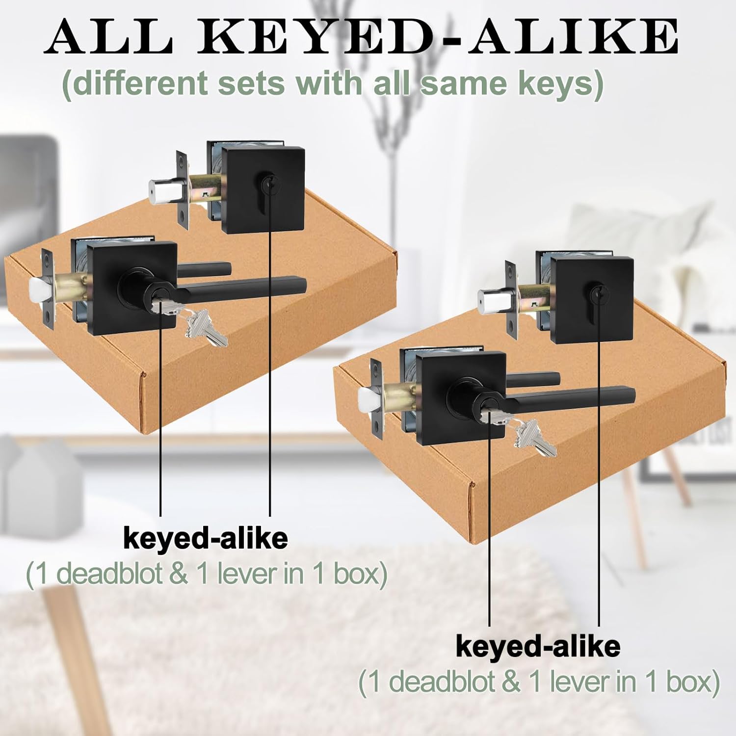 Keyed Alike(All Same Keys) Keyed Entry Door Lever with Single Cylinder Deadbolt Combo, Front Door/Exterior Door Handleset, Matte Black, 5 Set