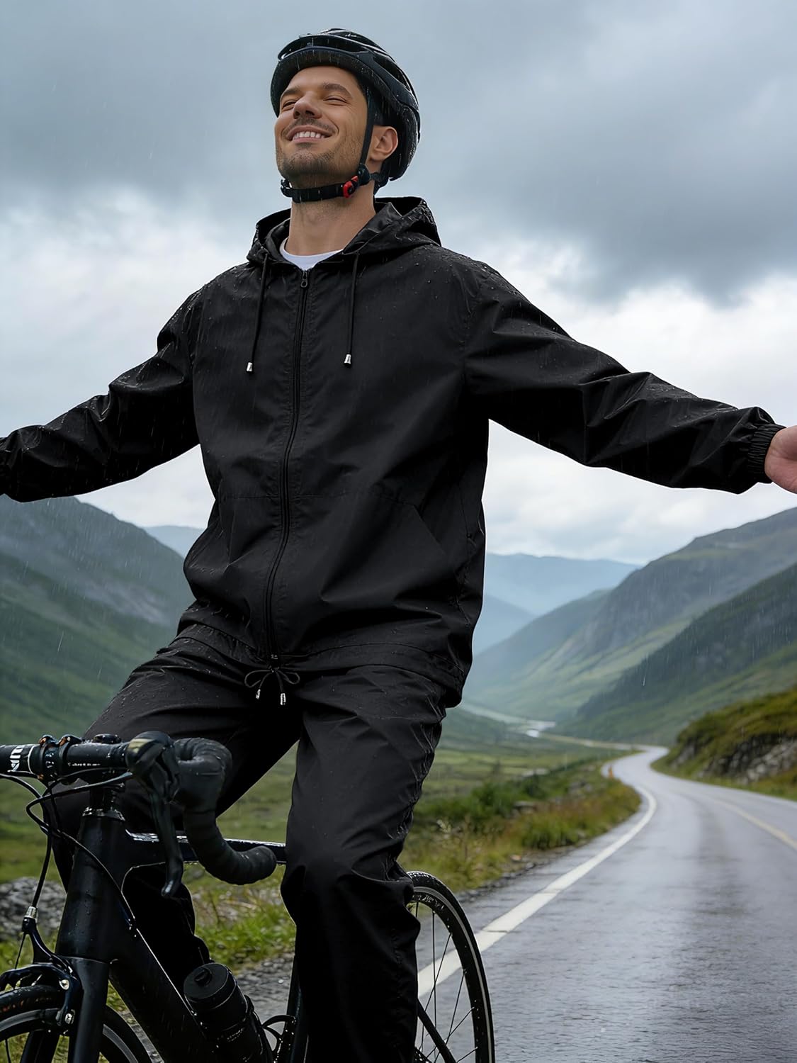 Mens Rain Suit Waterproof Rain Jacket with Rain Pants 2 Pieces Lightweight Packable Raincoat with Hood Running Cycling