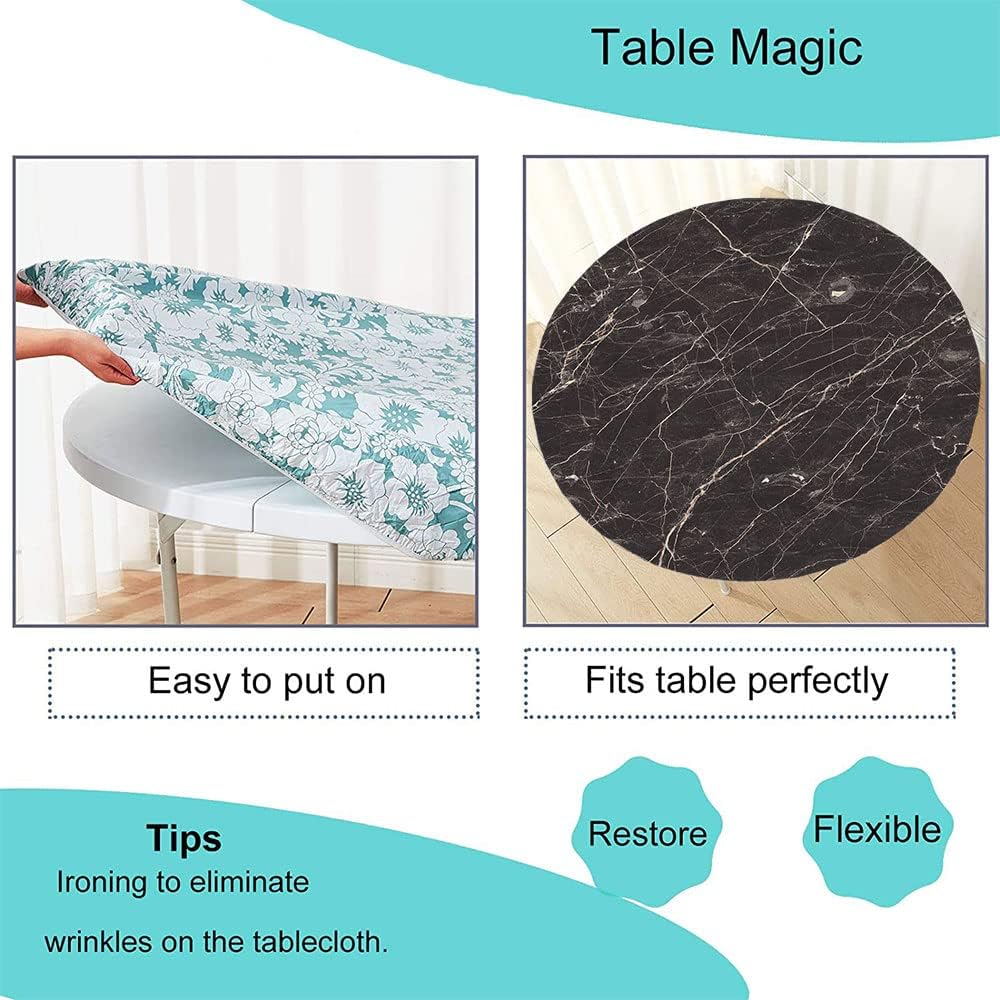 Round Fitted Marble Tablecloth, Vintage Marble Pattern Abstract, Elastic Edge, Water and Oil Resistant wipeable Polyester Fabric, Suitable for Catering and Kitchen, Fit for 52" Table,