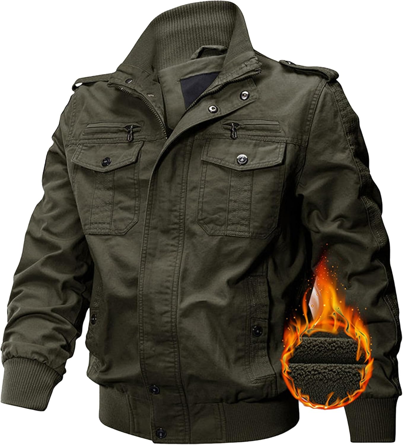 Men's Cotton Multi Pockets Jackets Stand Collar Military Windbreaker Coats Lightweight Casual Working Cargo Coat