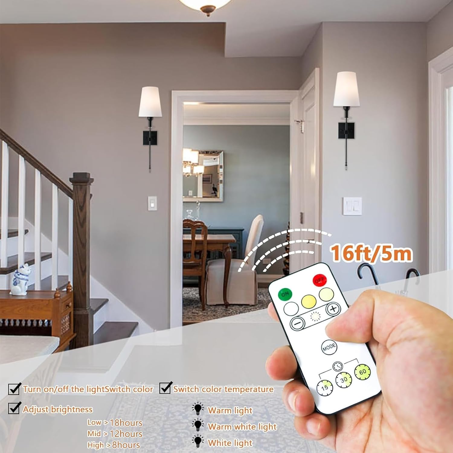 TOOTOO STAR Battery Operated Wall Sconce Set (2pcs), Non-Hardwired Dimmable Battery Powered for Bedroom, Living Room, Fireplace, Reading Room, Hallway