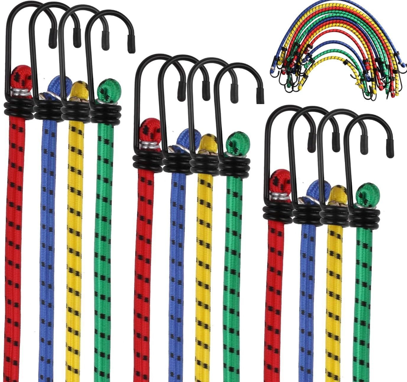 Buloo Heavy Duty Bungee Cords with Hooks, 12PCS - Weatherproof and UV-Resistant Elastic Straps for Securing Tarps, Luggage, Tents, Bikes, Garden Furniture, and Wheelie Bin Lids