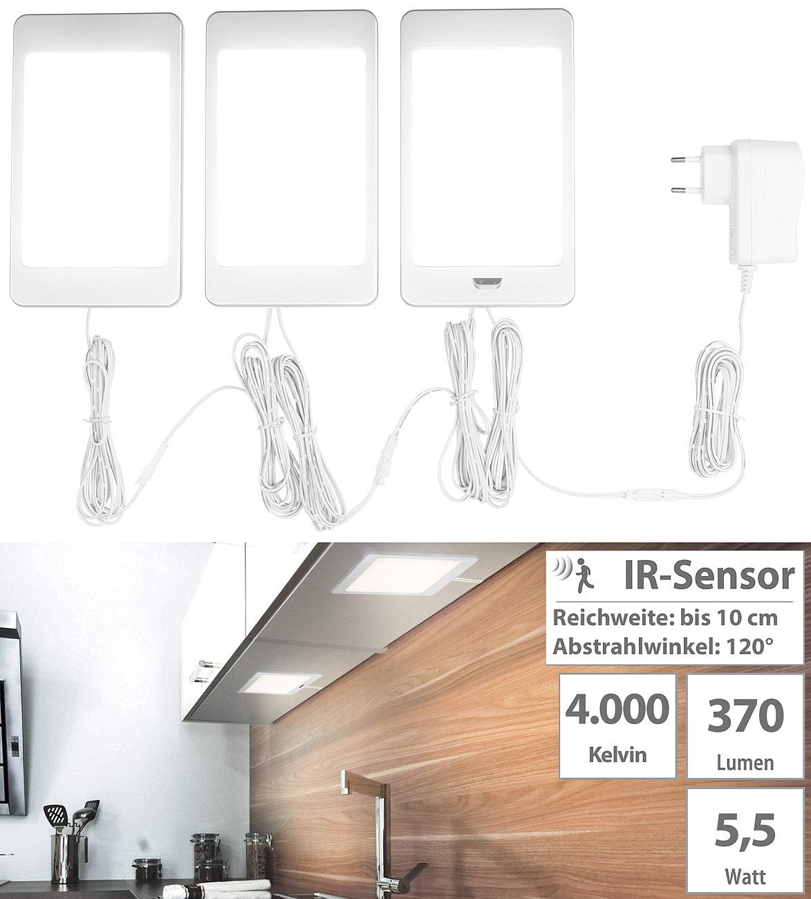 Luminea Unterbauleuchten: 3er-Set LED-Unterbaupanels mit IR-Sensor, 36 SMD-LEDs, 370 lm, 5,5 W (Unterschrankbeleuchtung, Unterschrankleuchten, Möbel)