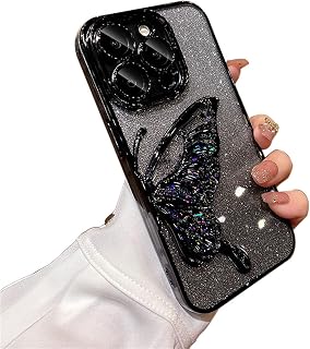 Hadwii Funda para iPhone 14, Transparente, Negro, con Purpurina, Arena Movediza, Funda con Protección para Cámara, Mariposa 3D, Silicona, Antigolpes, Transparente, TPU, Funda Protectora para iPhone 1