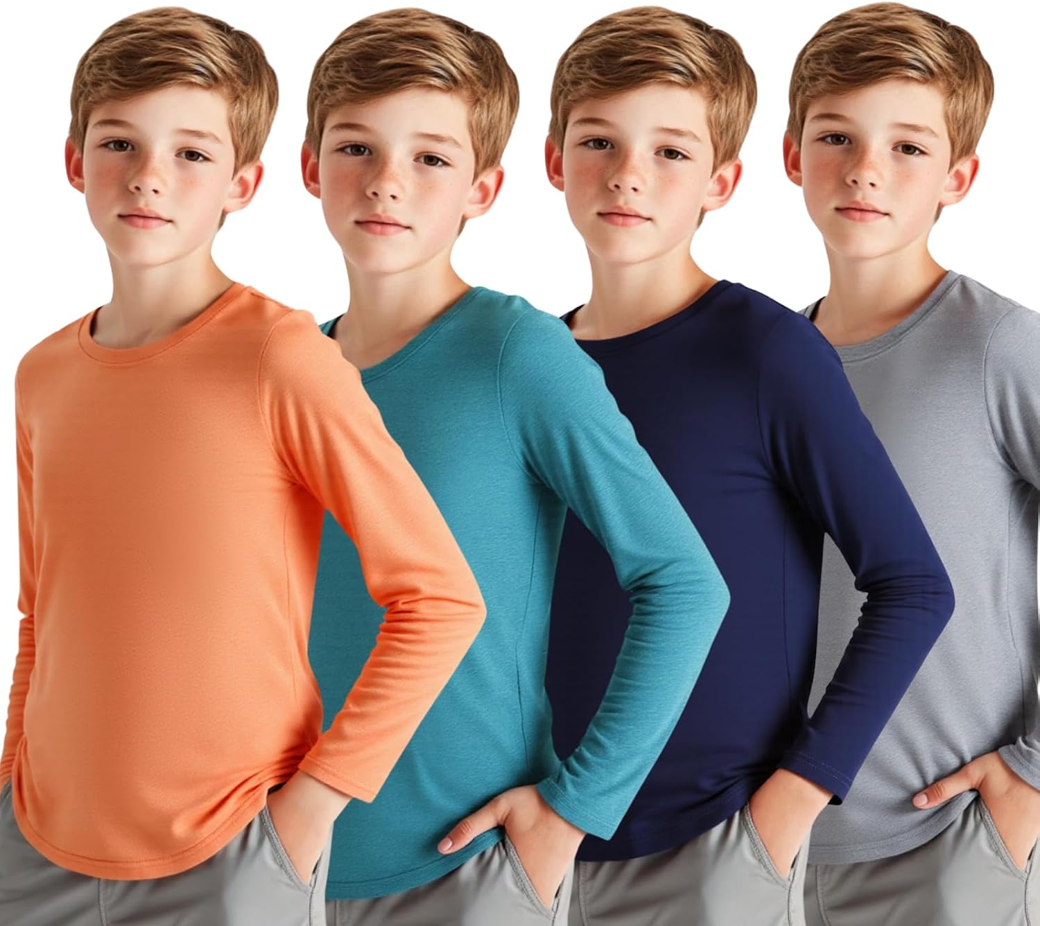 Boys Long Sleeve Shirts 4 Pack Quick Dry Athletic Performance Tee Soft Stretch Kids Tops for School Sports
