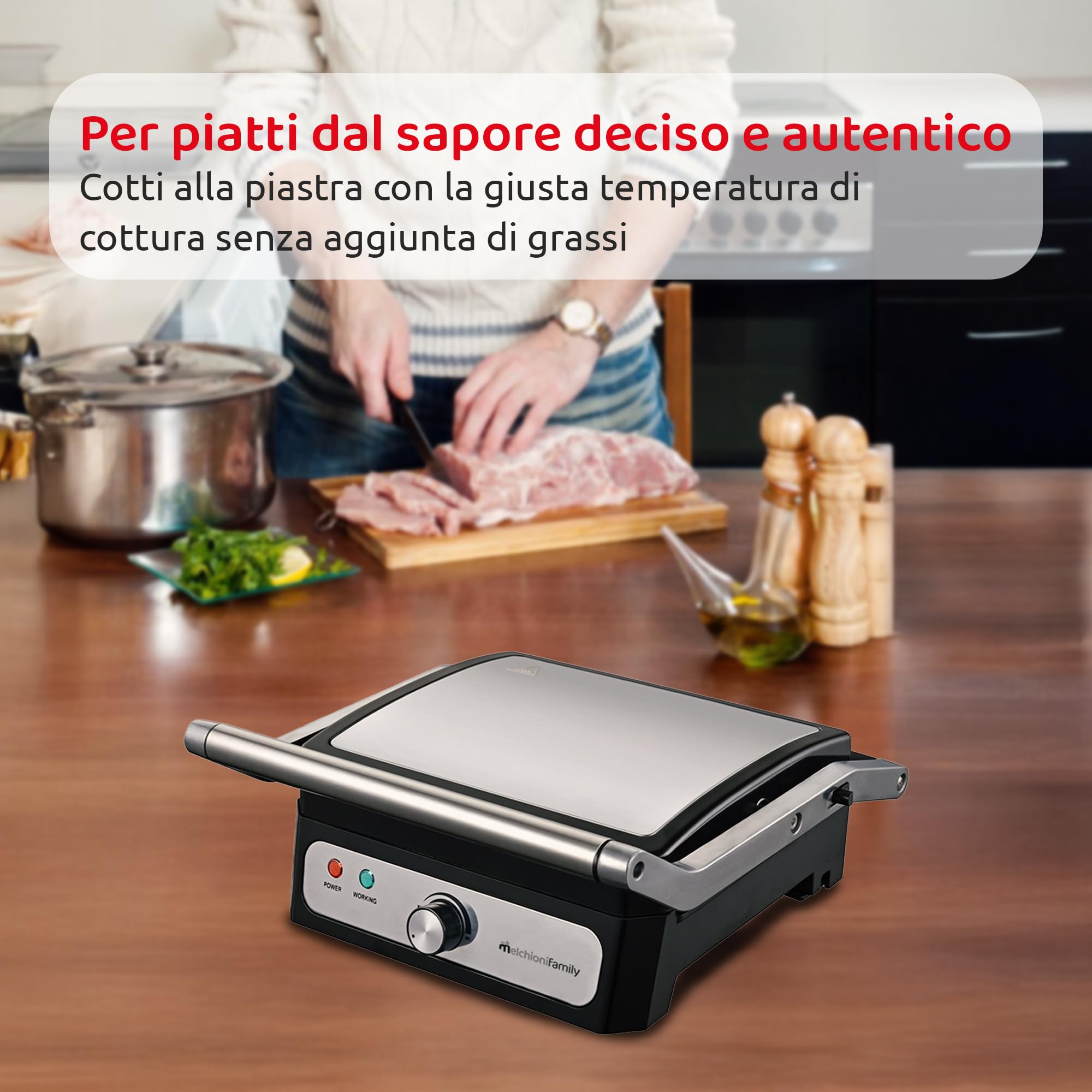 Melchioni Family | Bistecchiera Elettrica con Piastre in Ceramica Removibili, IRIS, Apertura a 180°, Piastre 28x25 cm, Termostato Regolabile, 1800W