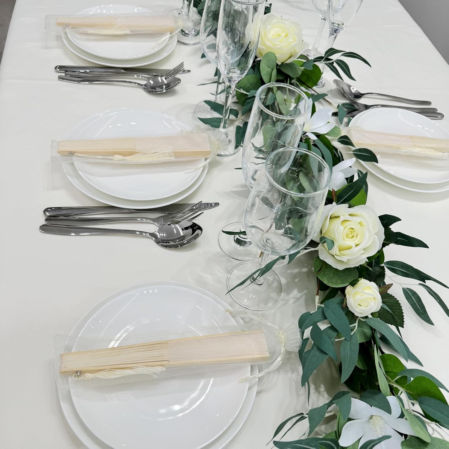 50 Sets Imitated Silk Hand Fan with Tassel and Organza Bags Bamboo Handle Fabric Folding Fans Bridal Dancing Props Wedding Party Favors (Cream)