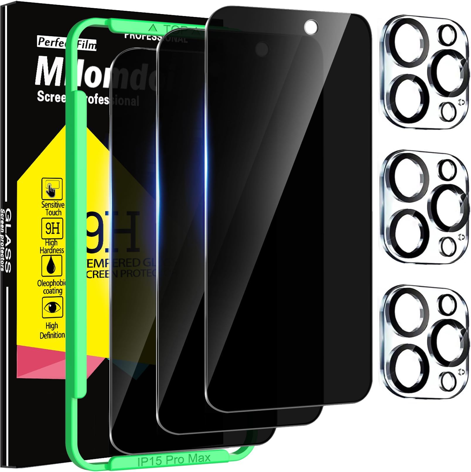 Milomdoi 3 Pack Privacy Screen Protector for Apple iPhone 15 Pro Max with 3 Pack Tempered Glass Camera Lens Protector, Ultra 9H Accessories, Case Friendly, Mounting Frame, 2.5D Curved, Black