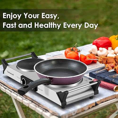 Miniatura 7 de Techwood - Parrilla eléctrica con placa calefactora, para encimera, doble quemador, doble placa de cocción de cerámica infrarroja, de 1800W, con