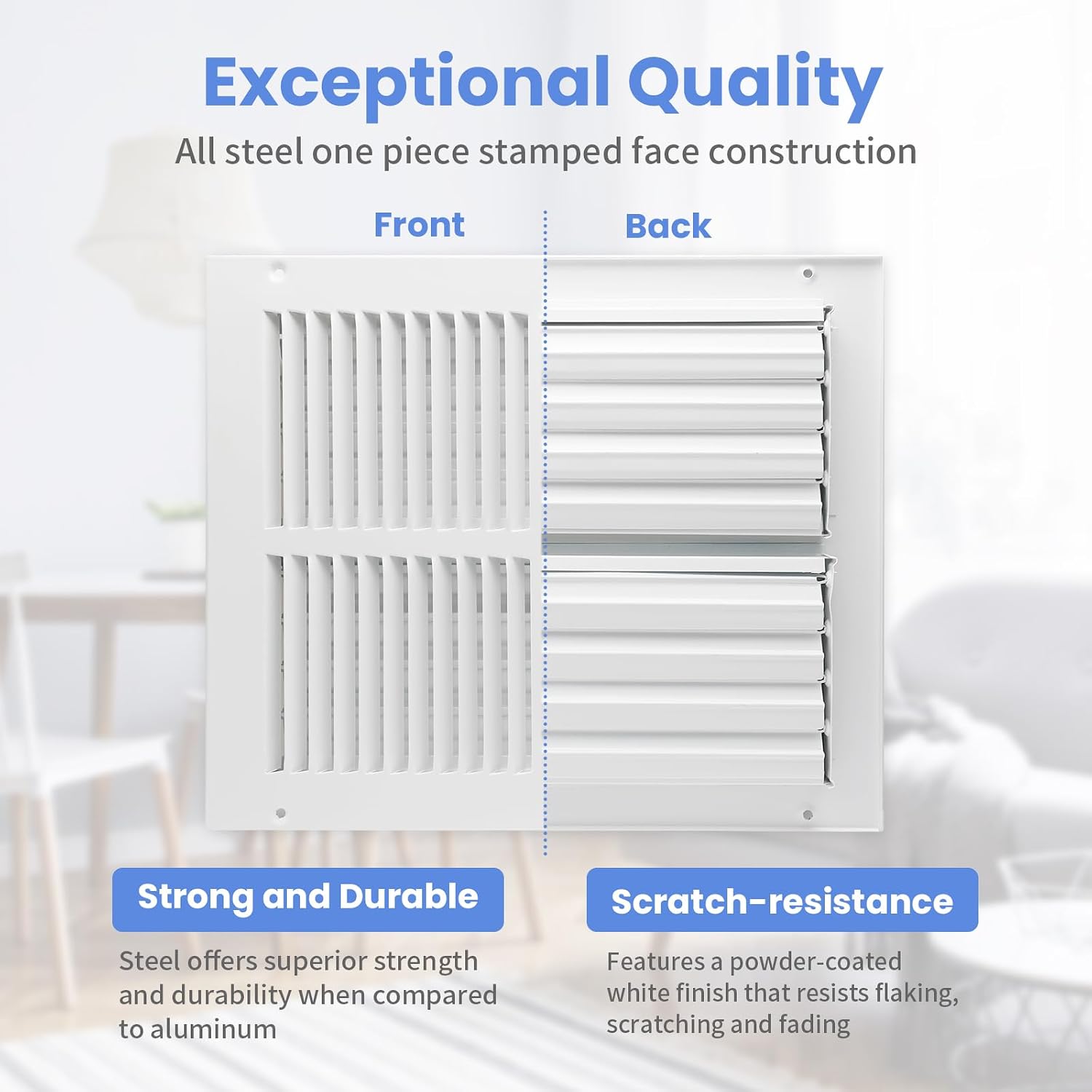 Condition photo showing New/Like New for 12 x 10 inch [duct opening] air vent covers for wall or ceiling - high airflow 2 way steel ventilation - adjustable wall/ceiling register, 13-3/4 inch x 11-3/4 inch [overall dimensions] 12"w x 10"h [duct opening]