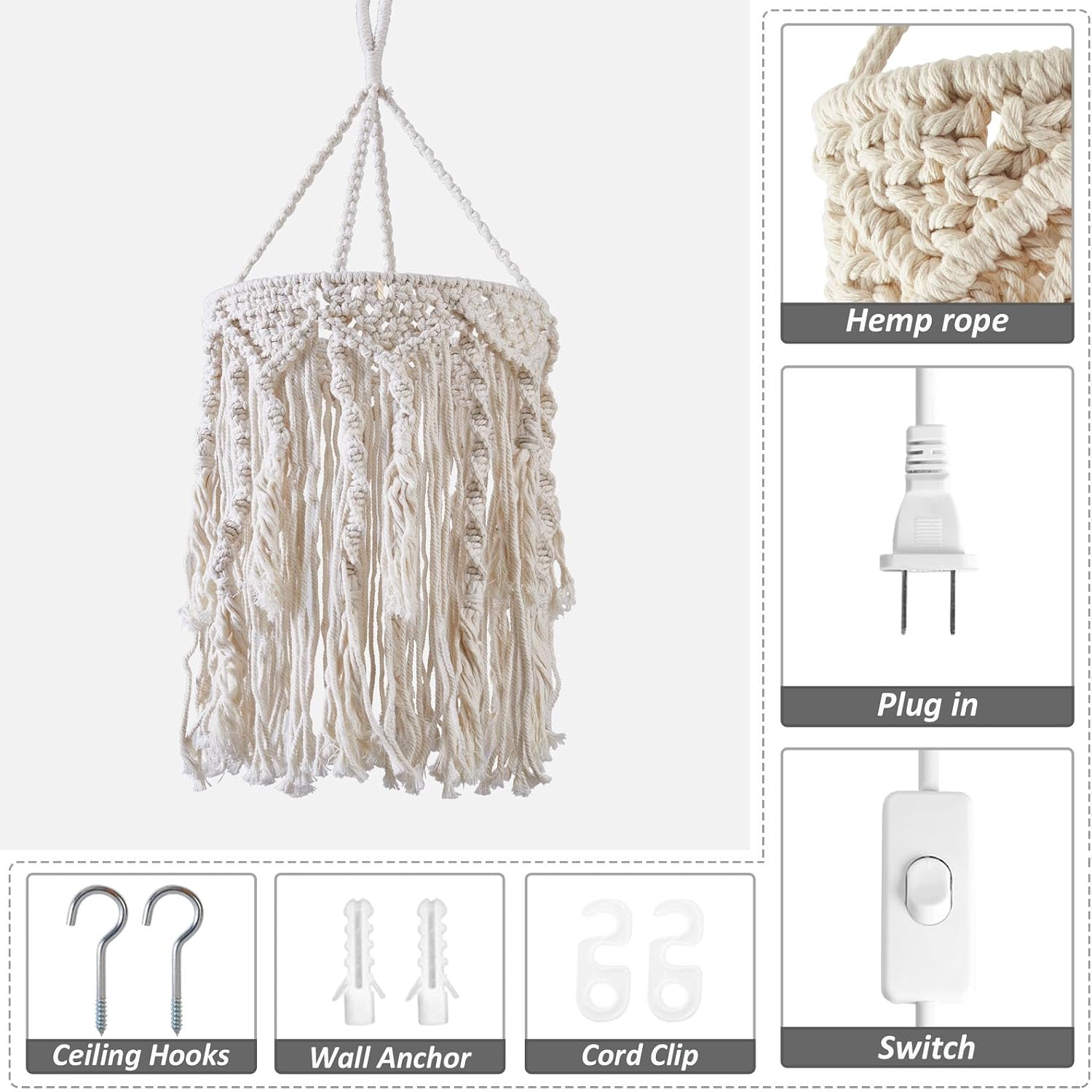 Boho Lamp Plug in Pendant Light, 15 FT Hanging Lights with Plug in Cord, Hanging Lamp with Handmade Macrame Lamp Shade, On/Off Switch, Hanging Light Fixture for Bohemian Decor Bedroom Living Room