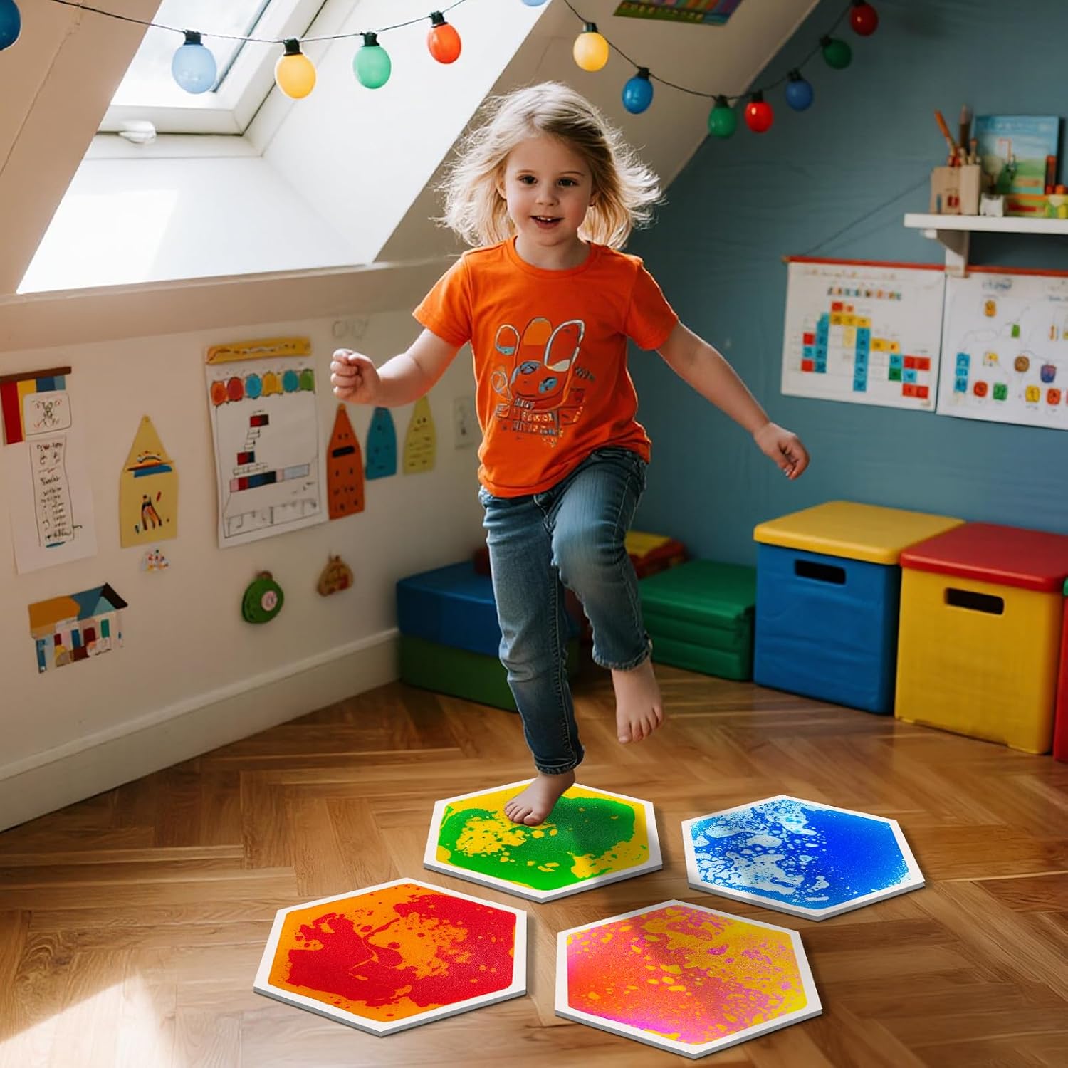 Sensory Floor Tiles for Kids Ages 3+ – Hexagon Step-On Tiles with Textured Non-Slip Base, Colorful Liquid Motion for Interactive Play in Playroom or Classroom (9 Pack)