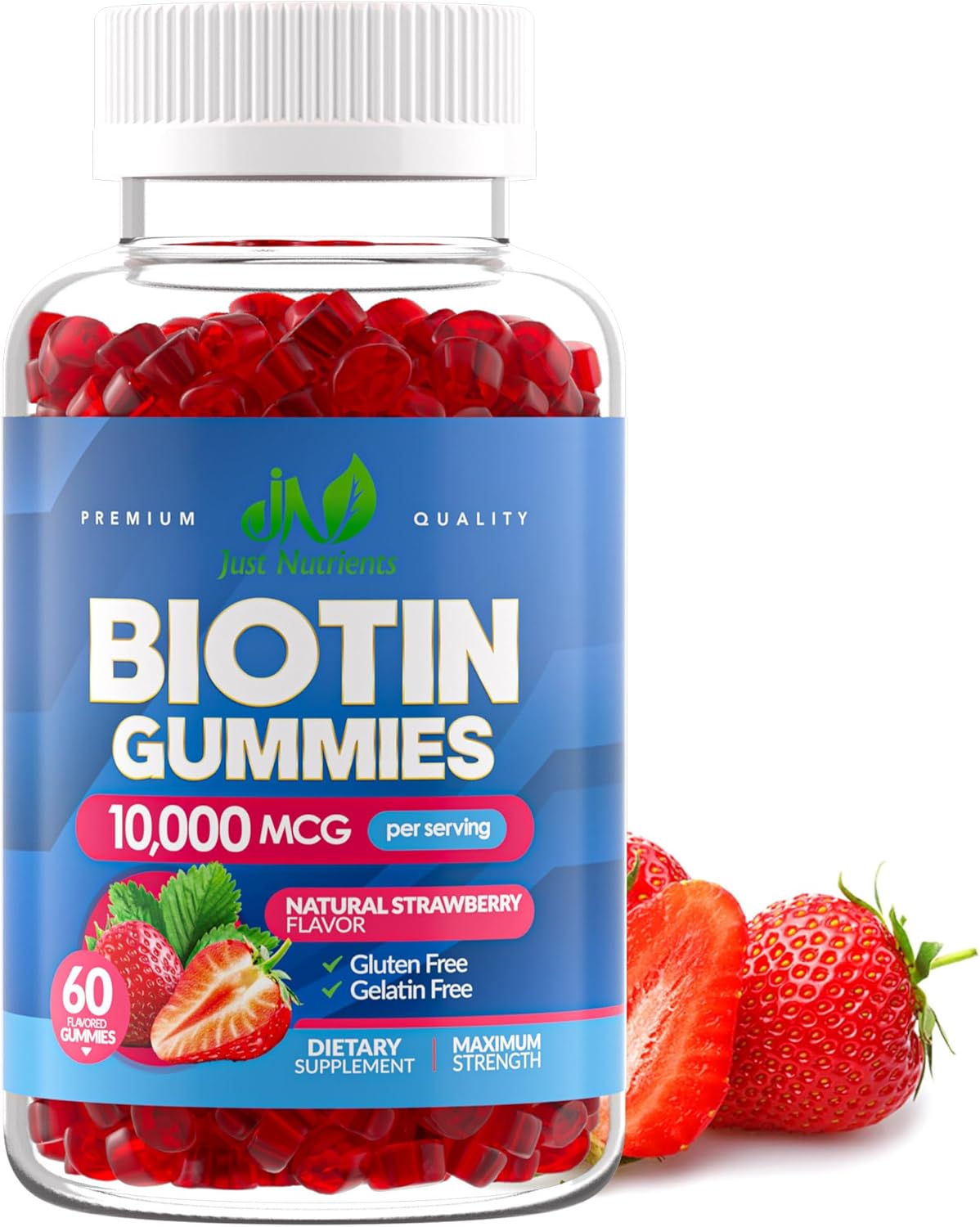 Biotin 10,000mcg Gummies for Women & Men – 2X Maximum Strength Biotin for Hair Growth, Skin & Nails – Gluten-Free, Vegan, Non-GMO, Great Tasting Strawberry Flavor – 60 Gummies