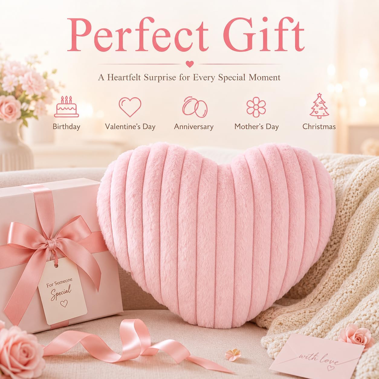 15.7 Inch Pink Heart Pillow,Soft Heart Shaped Pillow with Faux Rabbit Fur for Bed Sofa Couch Home Decor,Cute Heart Shaped Throw Pillows for Girls Women Valentine