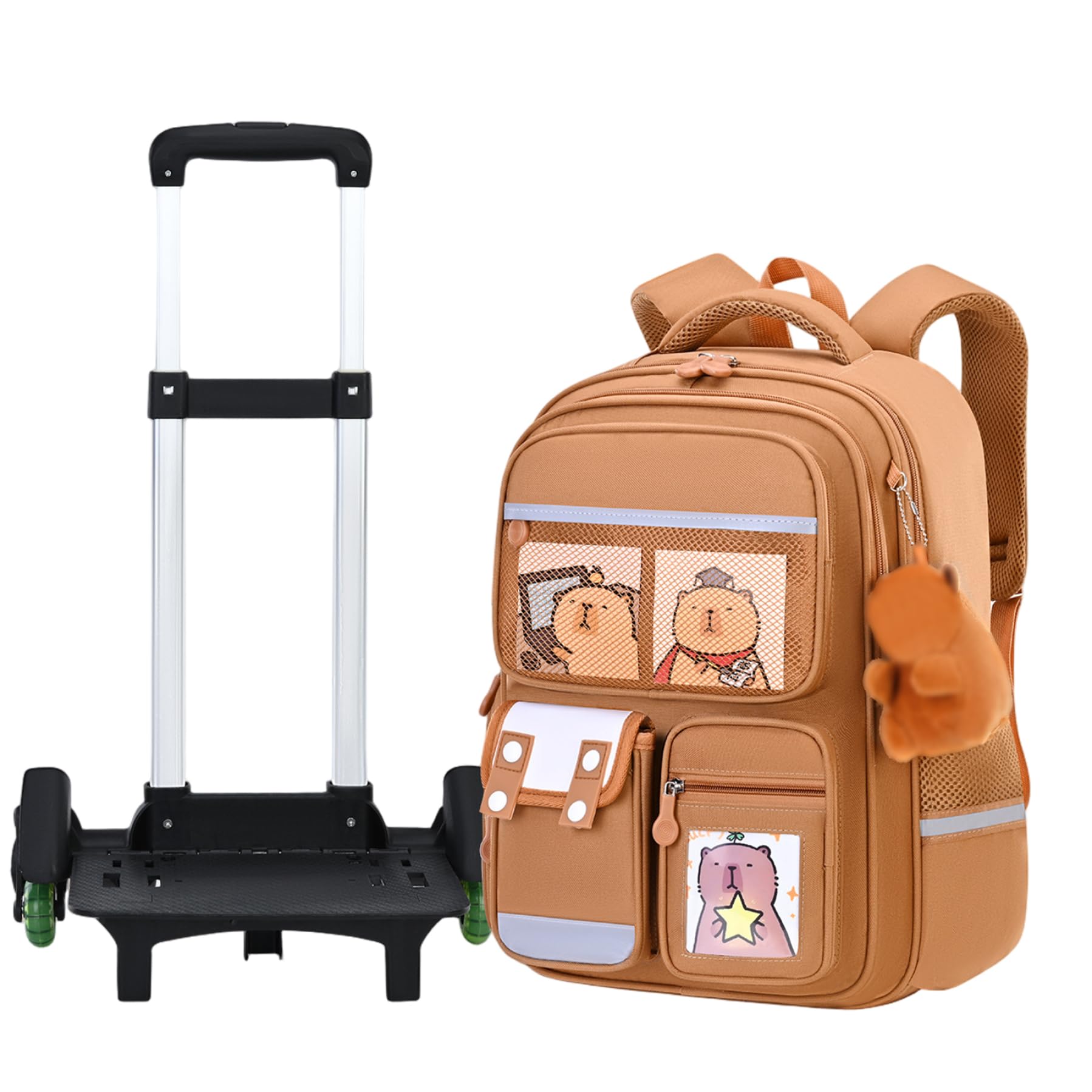 Zaino Trolley con 6 Ruote Zaino Capibara di Capacità con Maniglia Retrattile Borsa da Scuola Impermeabile per Cartoni Animati Cinghia Riflettente per Bambini Ragazzi Ragazze Studenti, Decorazi