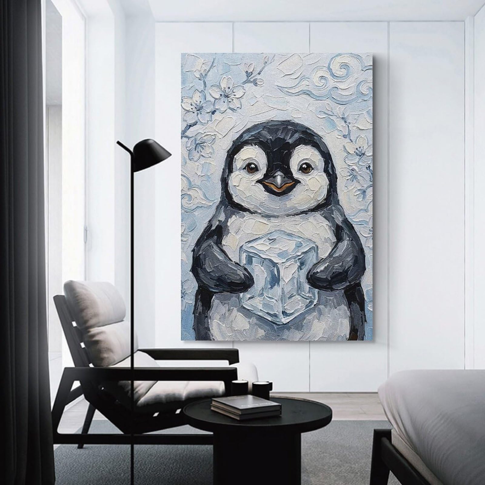 Junmoney Unframe-Style-7 Decorative Wall Artwork Penguin With Ice Cube Painting, 24X36inch(60X90cm), For New Homes, Bedrooms Or Workspaces, Canvas Artwork With Gifting Potential