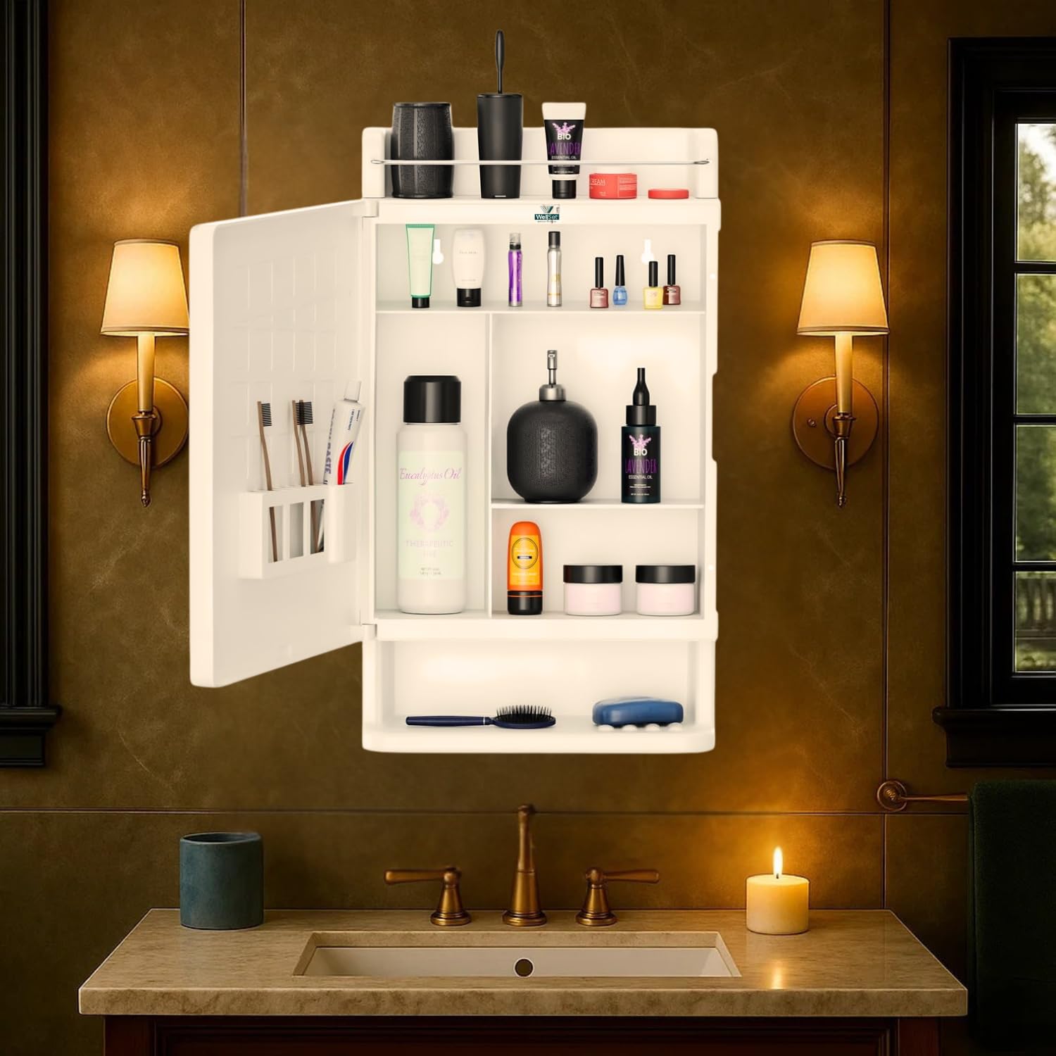 Well Set Rich Look Bathroom Cabinet with Mirror White | Storage Organiser | Strong Plastic Bathroom Shelves Wall Mounted | Mirror Cabinet- (Made in India)-image-43