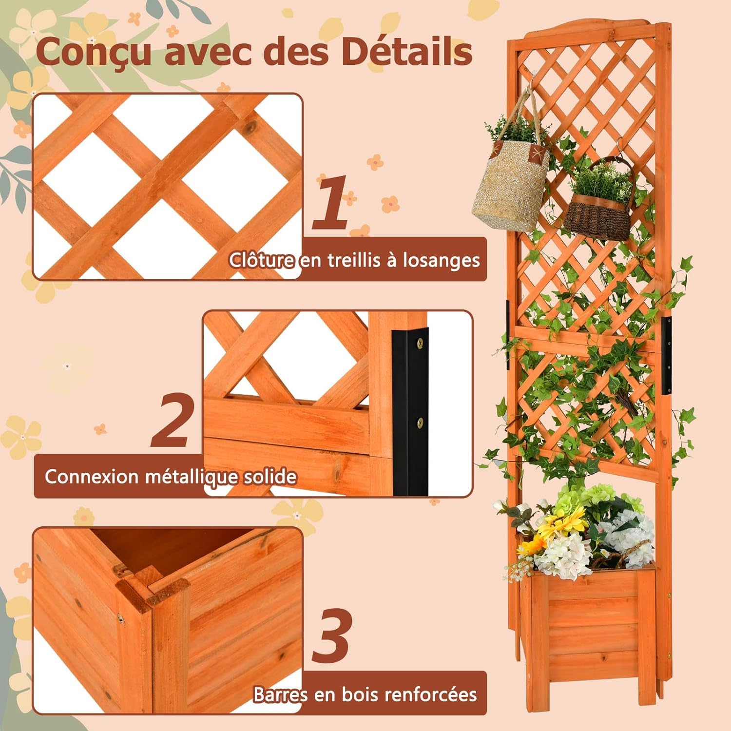 GOPLUS Jardinière avec Treillis 180CM en Bois, avec Trou de Drainage pour Plantes Grimpantes, Fleurs, Jardinière pour Cour, Jardin, Balcon, 54,5x54,5x180cm
