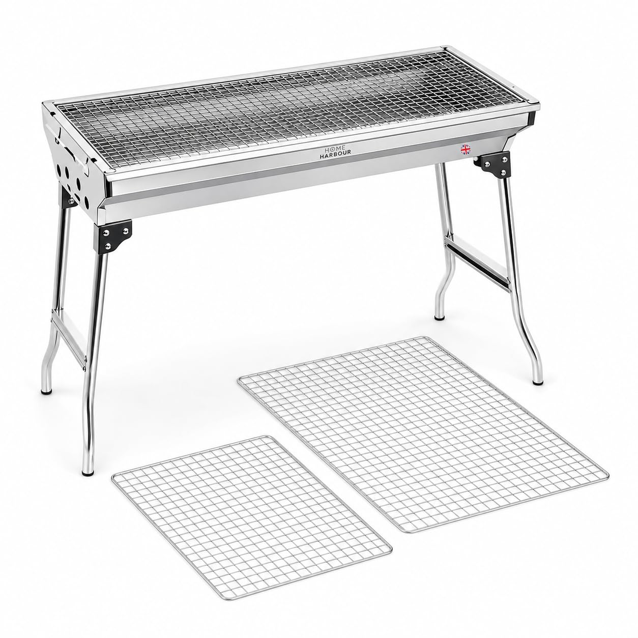 Home Harbour H1 Large Foldable Charcoal BBQ Grill with Extra Grill Net Set, Portable Stainless Steel Barbecue for Garden, Camping, Picnics and Outdoor Cooking (H1 BBQ + Xtra Grill Net)