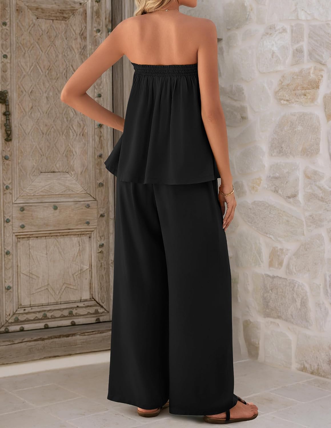 ZESICA Women's Summer 2 Piece Sets 2026 Spring Casual Strapless Tube Top Wide Leg Pants Ruffle Beach Vacation Outfits