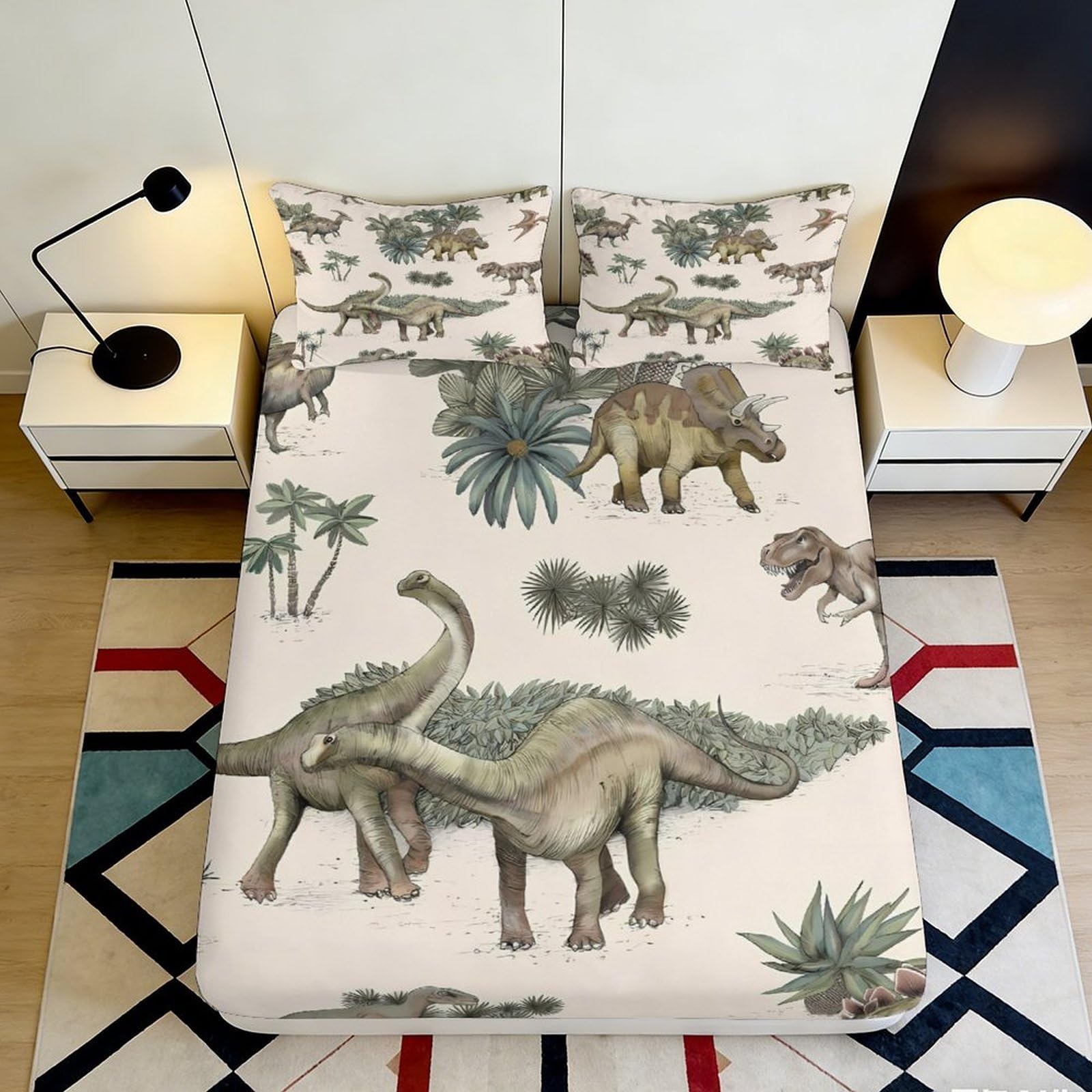 3D Printed Dinosaur Jungle Fitted Sheet Microfiber Soft Breathable Prehistoric Forest Mattress Cover for Bedroom Dorm Decor 90x200x25cm