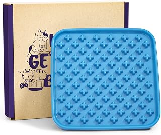 LE TAUCI PET Cat Slow Feeder, 5.5 Inch Lick Mat for Cats and Puppy,Anxiety Relief Licking Mat, Puzzle Feeder for Peanut Butter, Treats, Pet Enrichment Toys, Cross Blue