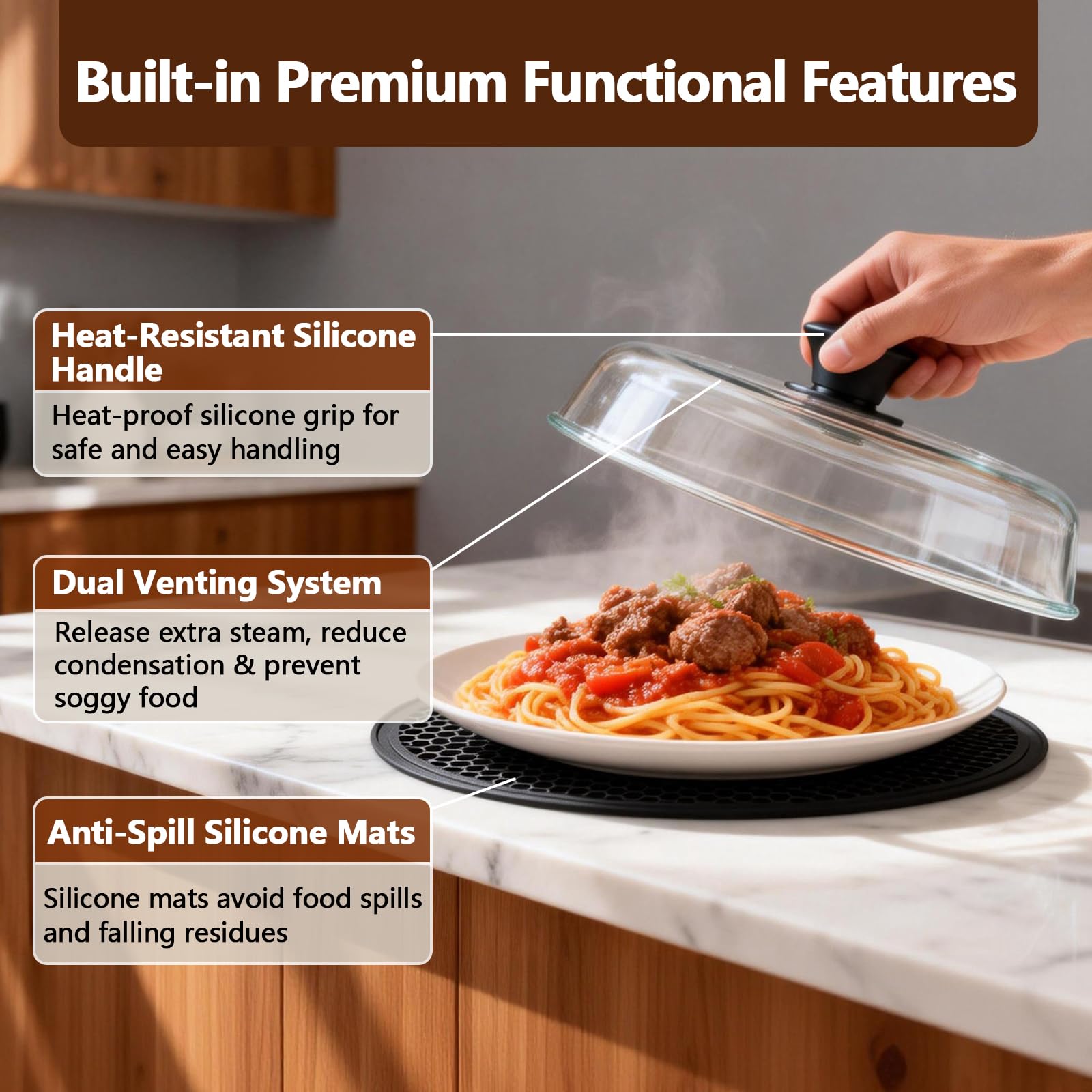 Copertura per alimenti in vetro per microonde, con manico in silicone e tovaglietta, senza BPA, lavabile in lavastoviglie,
